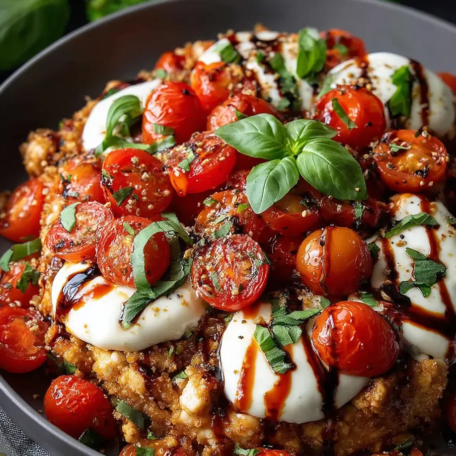 Un cuenco con tomates, queso y pollo.