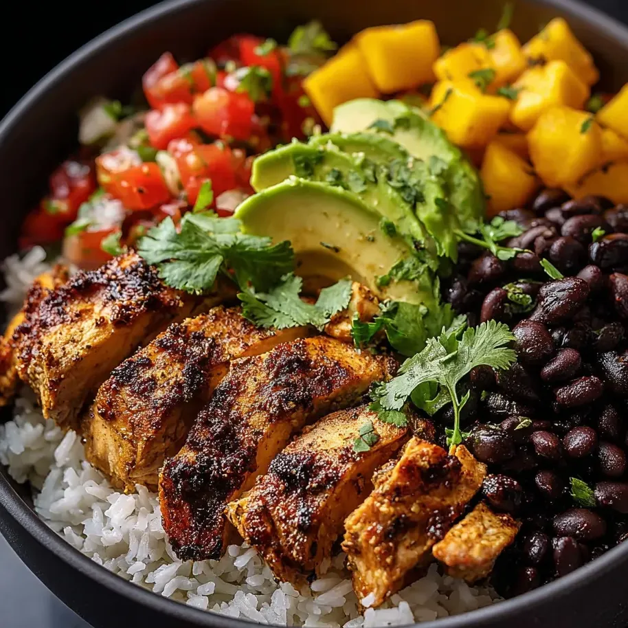 Un bol con arroz, frijoles, pollo y aguacate.