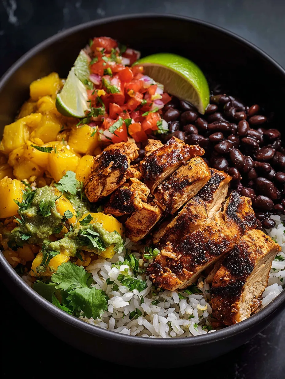Bowl de arroz, frijoles y pollo.