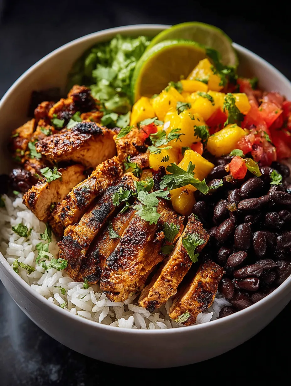 Un bowl de comida con arroz, frijoles, pollo y lima.