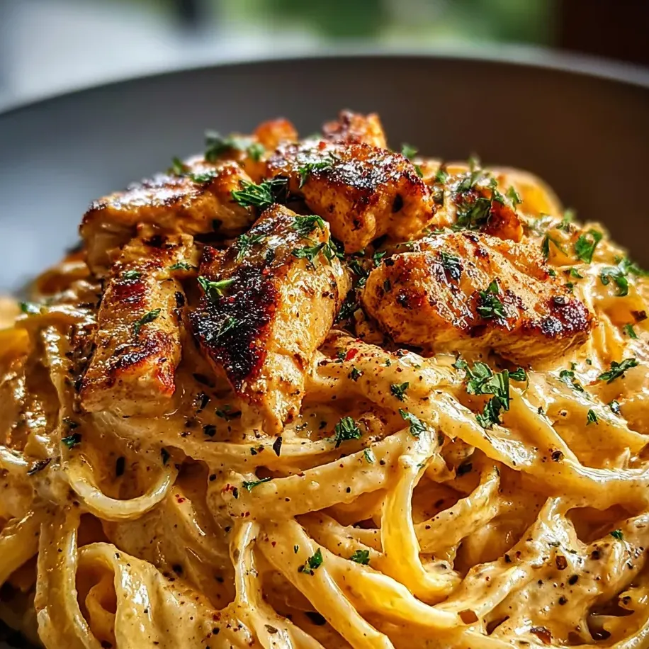 Un plato de pasta con pollo y hierbas.