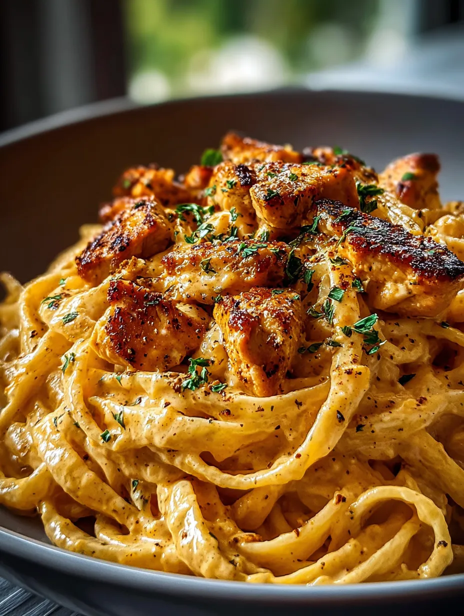 Un plato de pasta con pollo y hierbas.