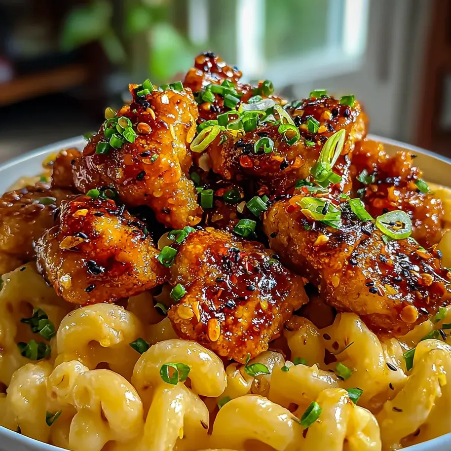 Un plato de pollo y pasta con salsa deliciosa.