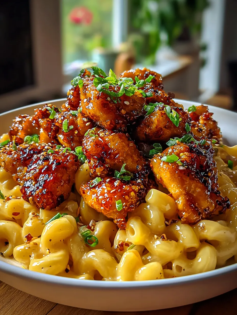 Un plato de comida con pollo y fideos.