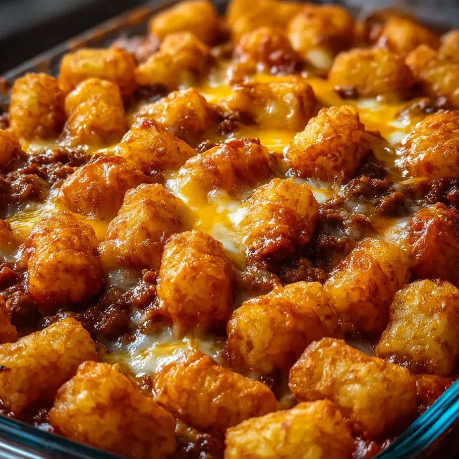 Una charola de tater tots con queso y carne.