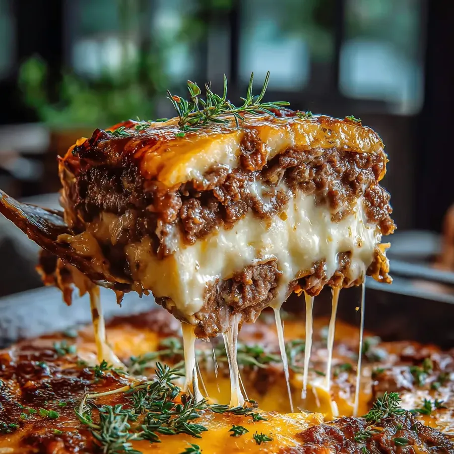 Porción de lasaña con queso y salsa.