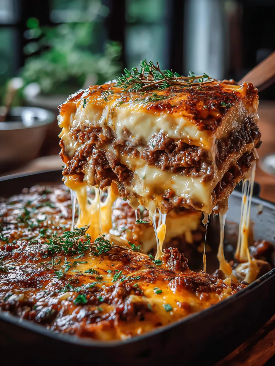 Detalle de un platillo de carne con queso fundido bien apetecible.