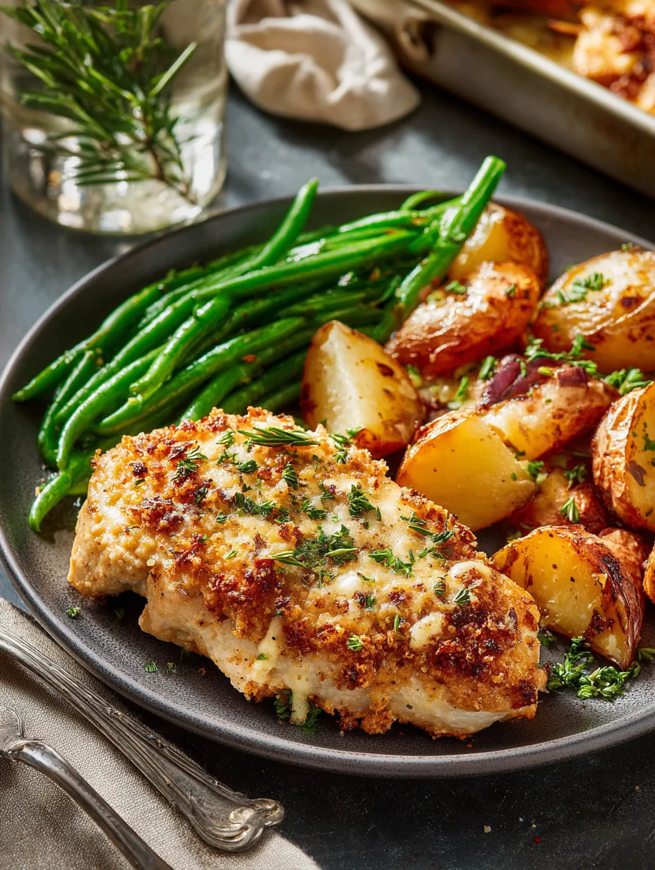 Un plato con pollo, papas y ejotes verdes.