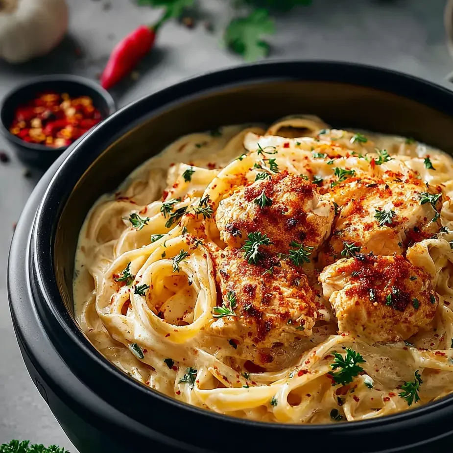 Un plato con pasta, pollo y pimientos.