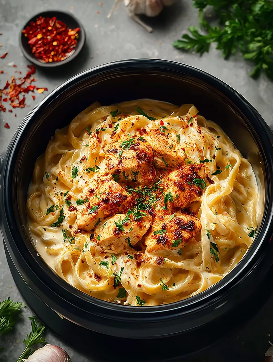Plato con pasta de pollo y pimientos.