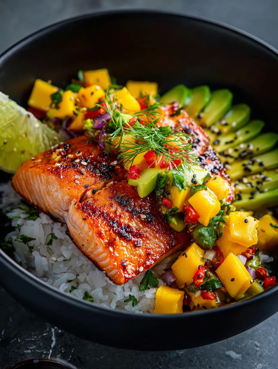 Un bol de comida con pescado y verduras.