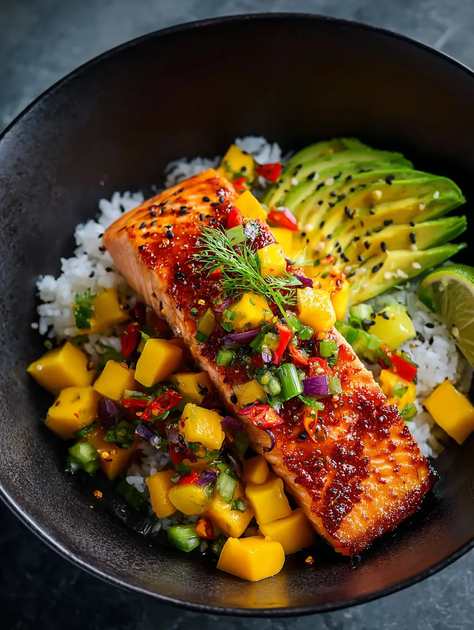 Un bol de comida con pescado y verduras.