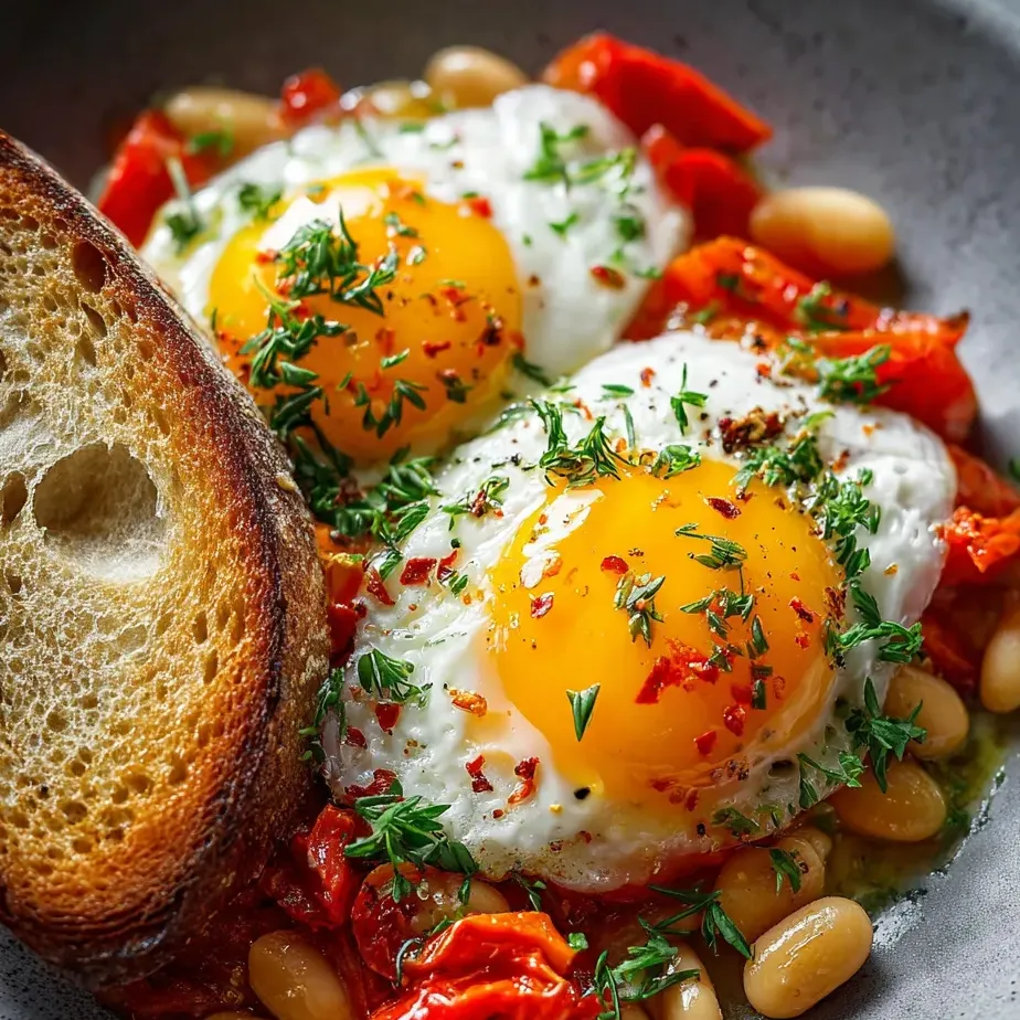 Un plato con huevos, tomates y alubias.