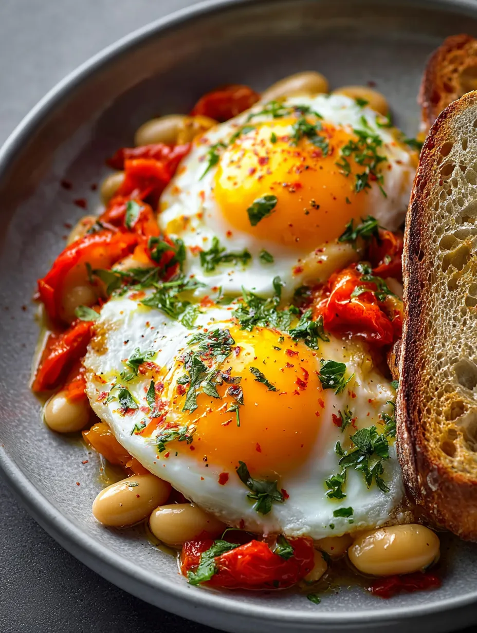 Un plato con huevos y alubias.