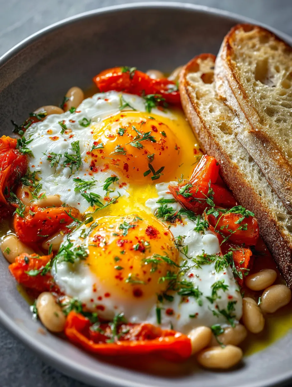 Un plato con huevos, alubias y pan.