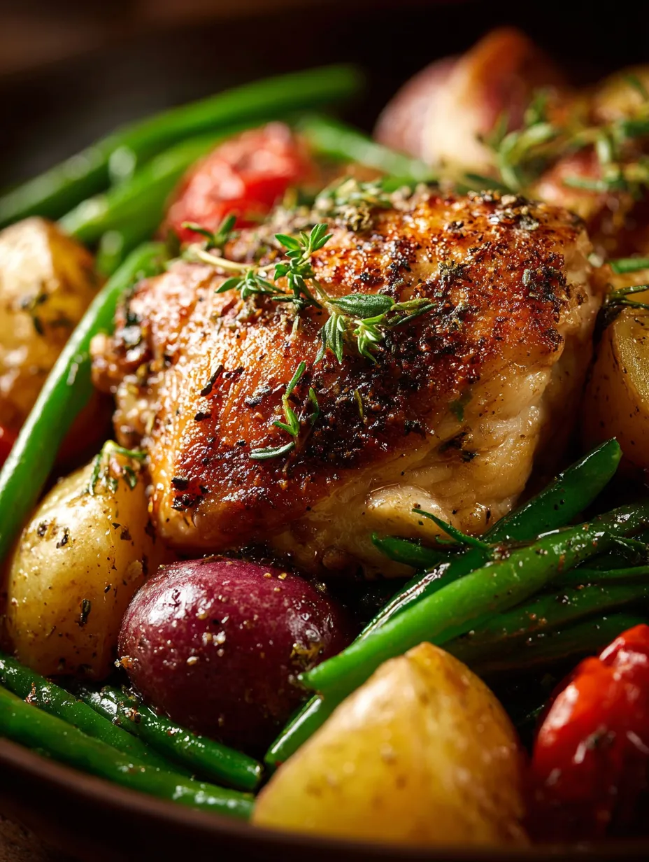 Un plato con pollo, papas, ejotes y tomates.