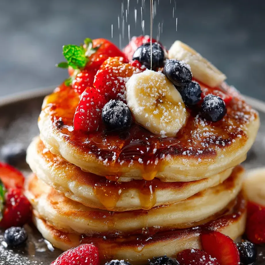 Una torre de pancakes con fresas y plátanos arriba.