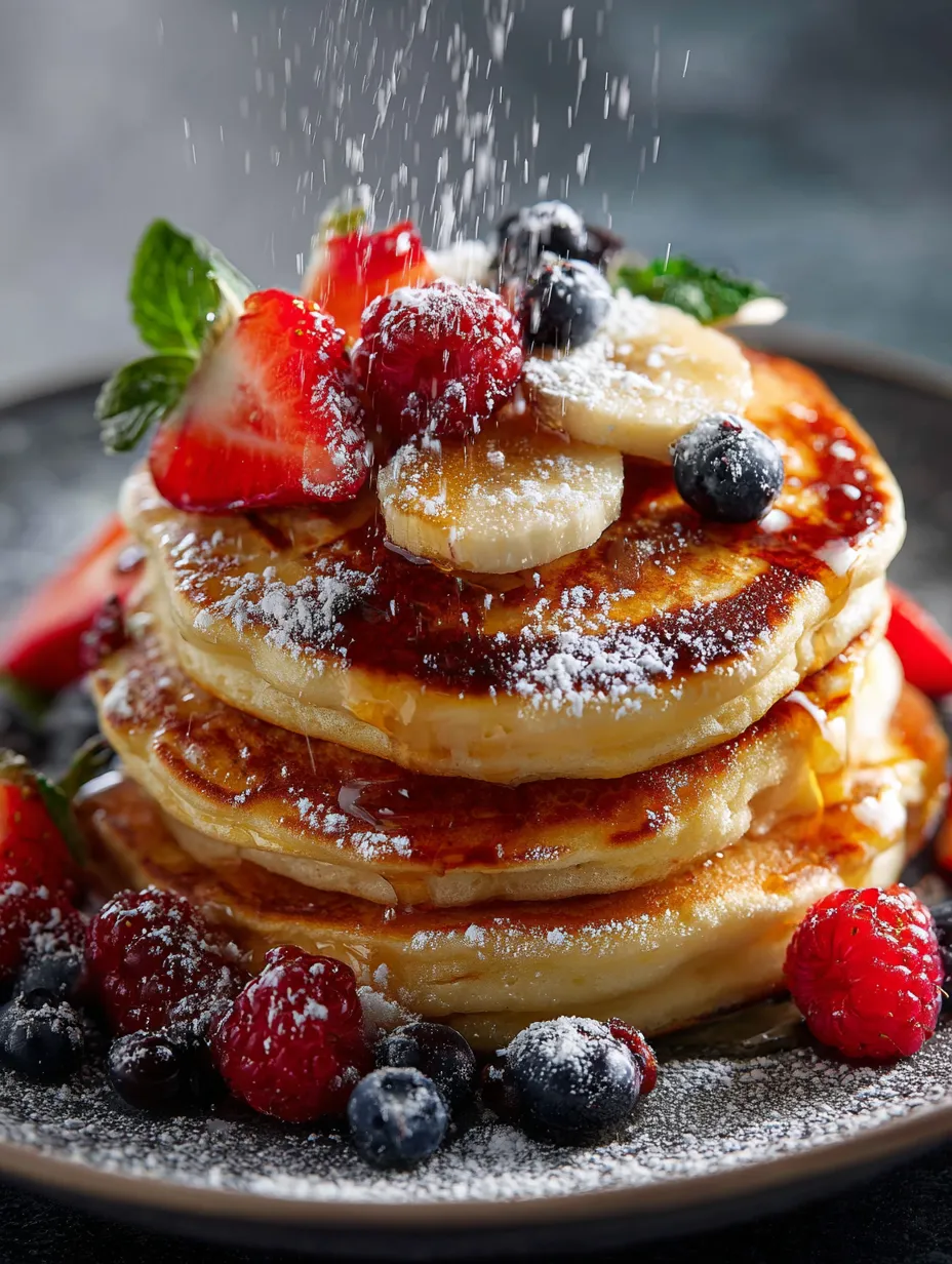 Una pila de pancakes cubiertos con fruta.