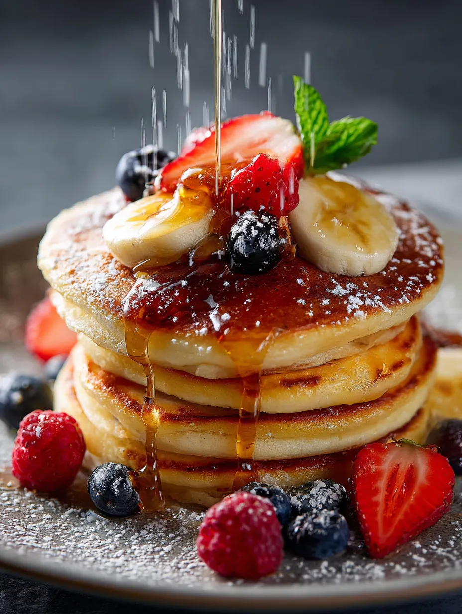 Una pila de pancakes cubiertos con fruta.