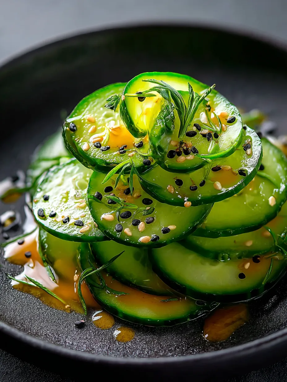 Un plato de rodajas de pepino con semillas de sésamo.