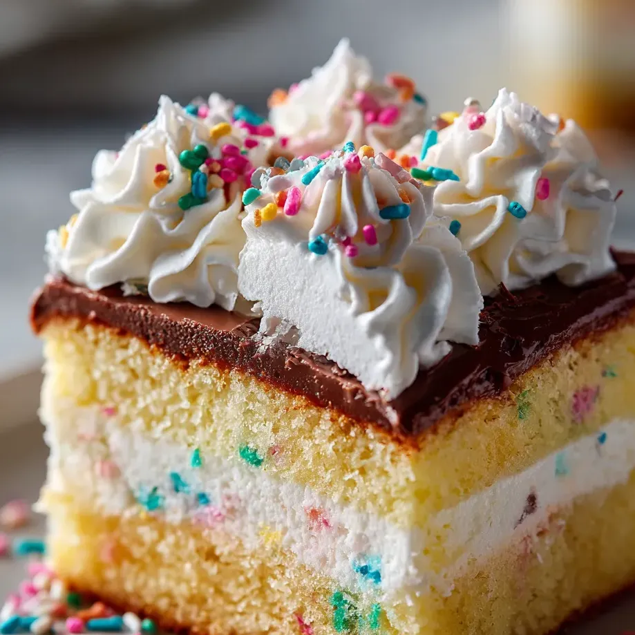 Rebanada de pastel con cobertura blanca y chispas de colores.