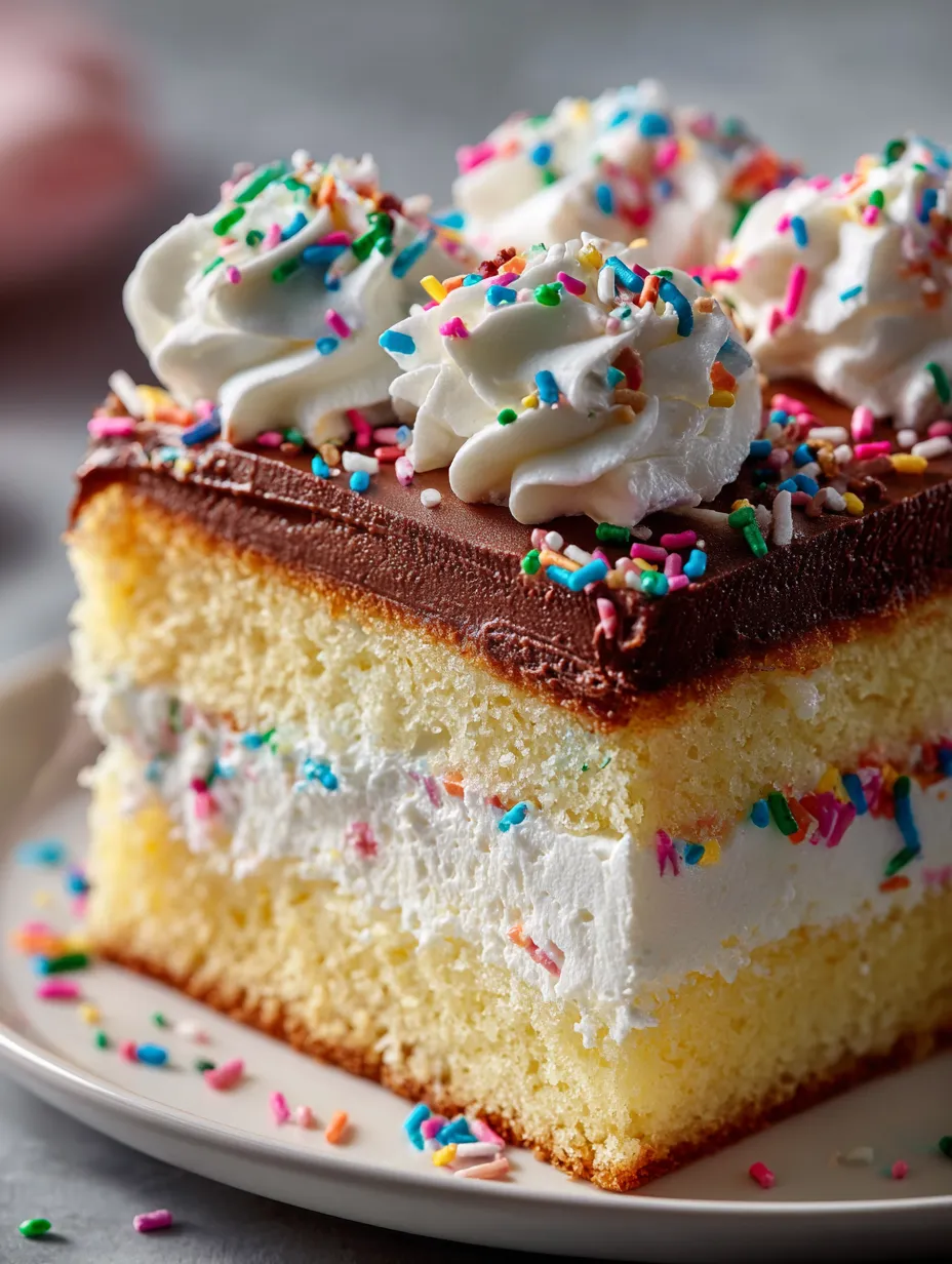 Rebanada de pastel con betún blanco y chispas de colores.