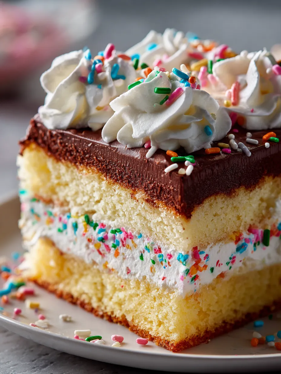 Rebanada de pastel con betún blanco y chispas de colores.