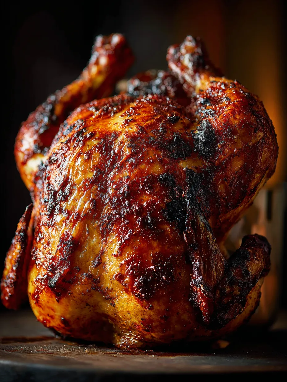 Pollo dorado recién salido del horno, visto de cerca.
