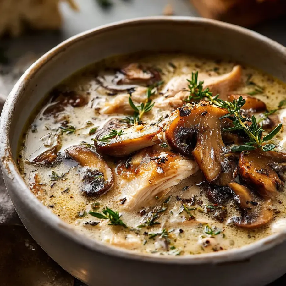 Un bol con sopa, setas y hierbas.