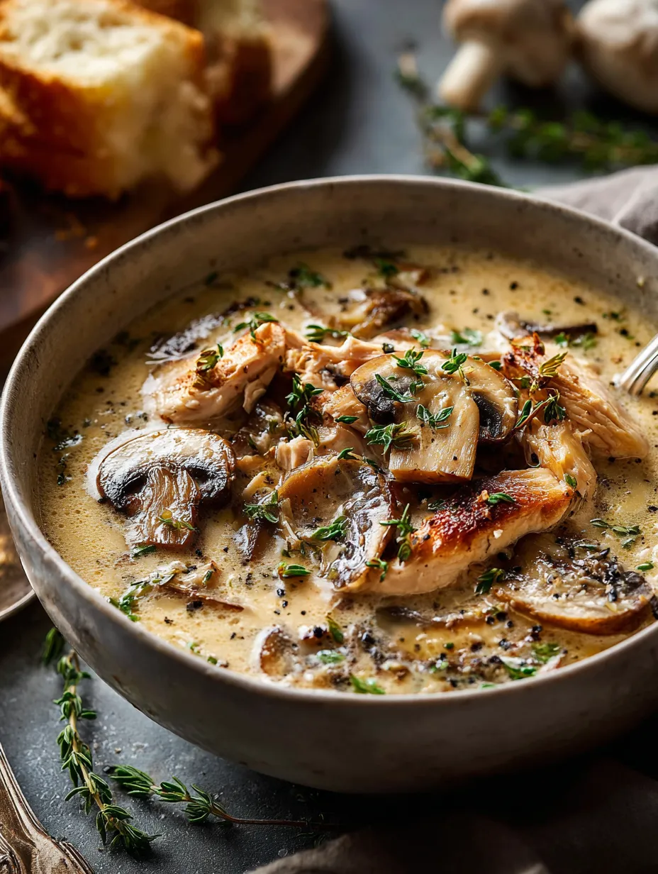 Un bol de sopa con champiñones y pollo.