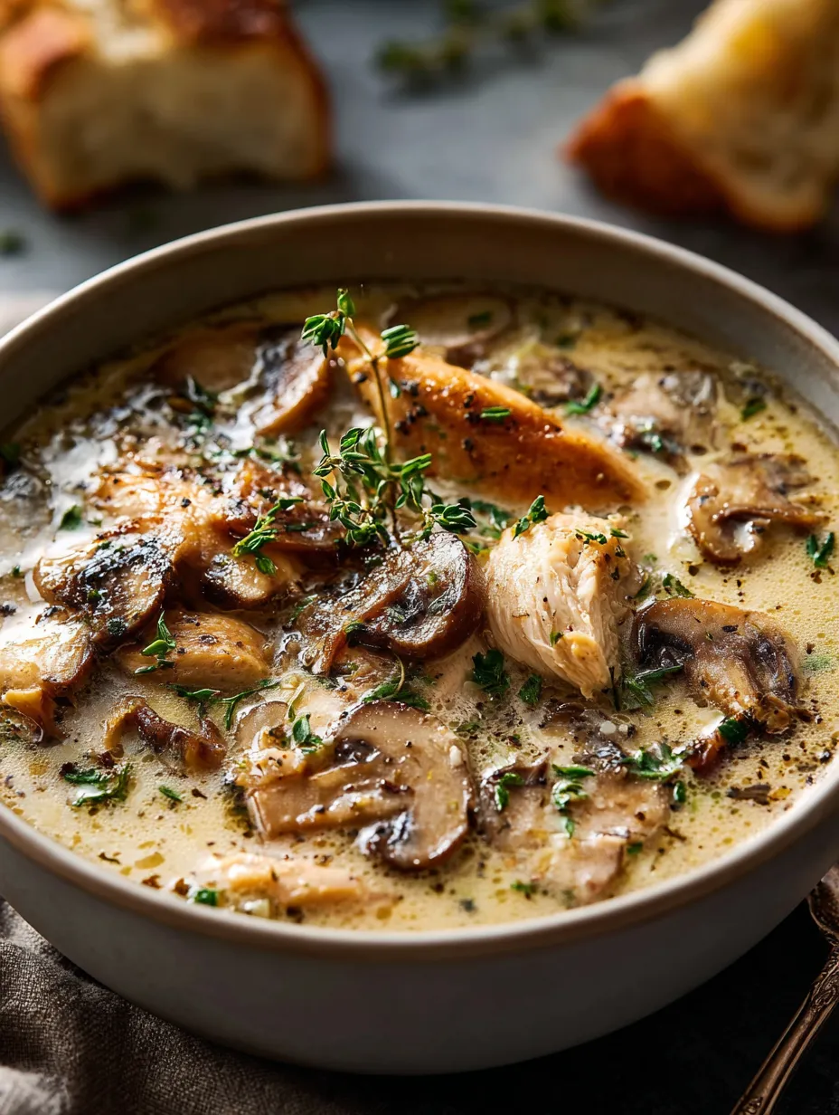 Un bol de sopa con champiñones y hierbas.