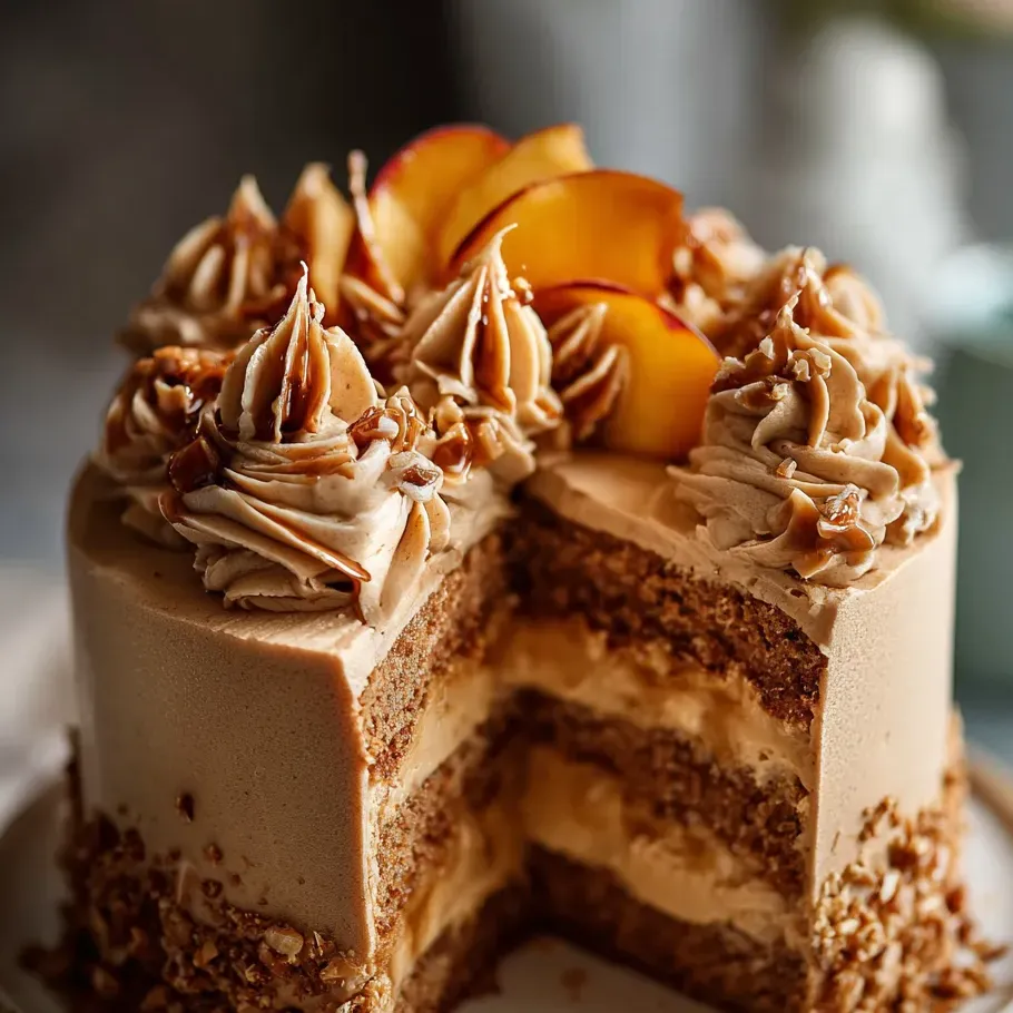 Una rebanada de pastel con duraznos encima.