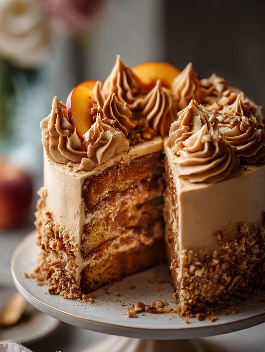 Un pedazo de pastel con duraznos y crema batida.