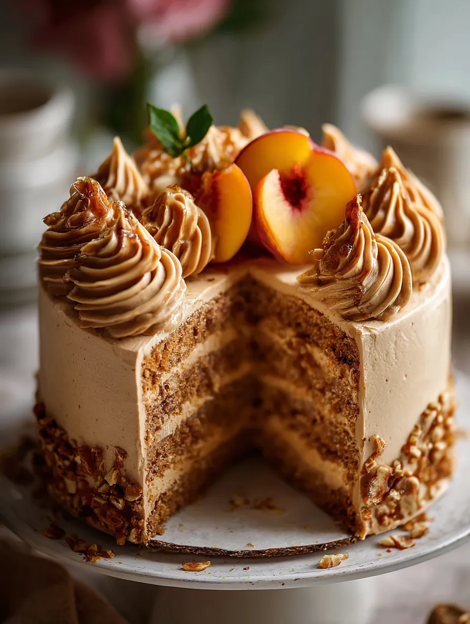 Una rebanada de pastel con duraznos encima.