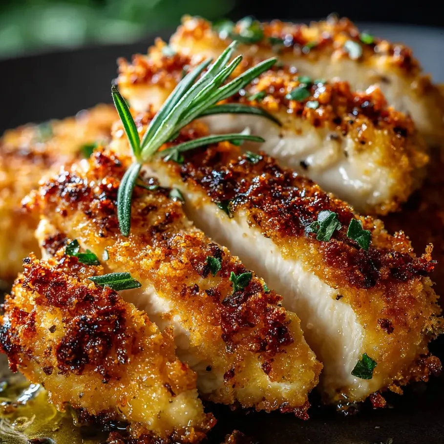 Un trozo de pollo cubierto con hierbas.