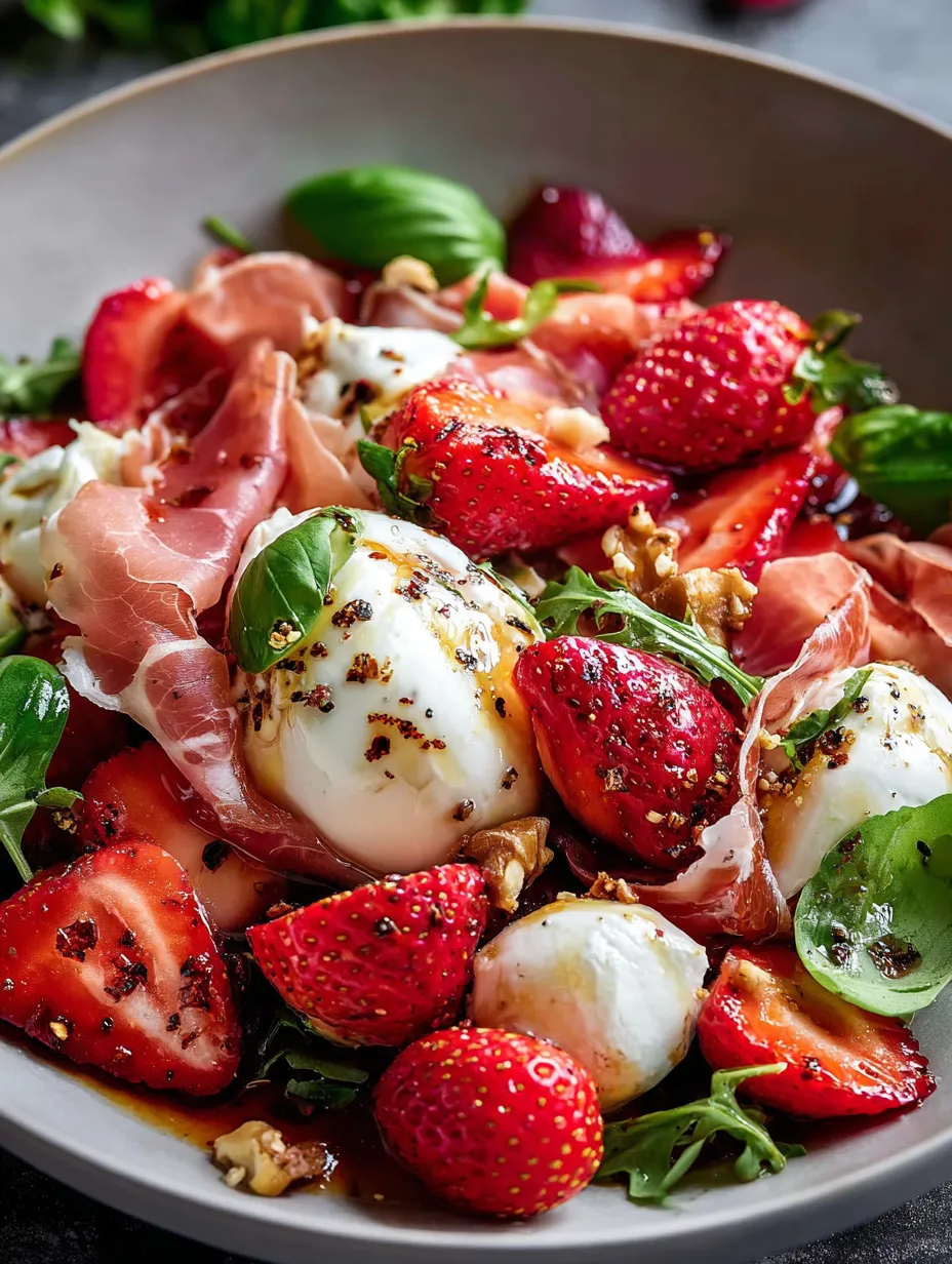 Un plato con fresas, queso y jamón.