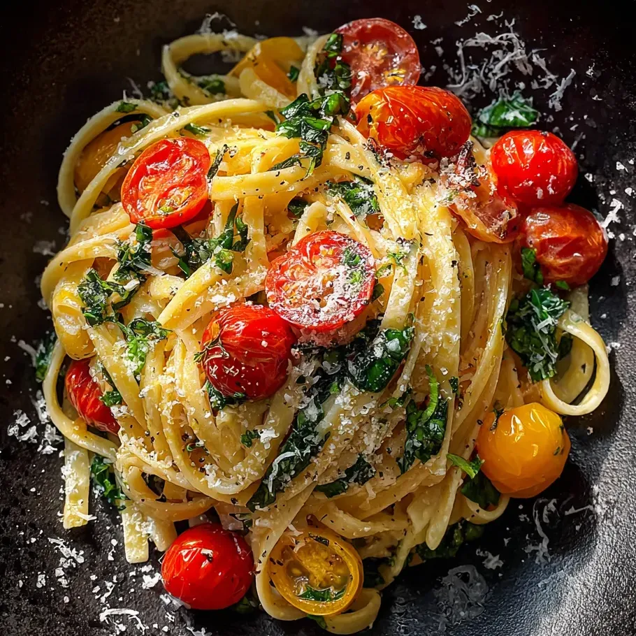 Un plato de pasta con tomates y albahaca.