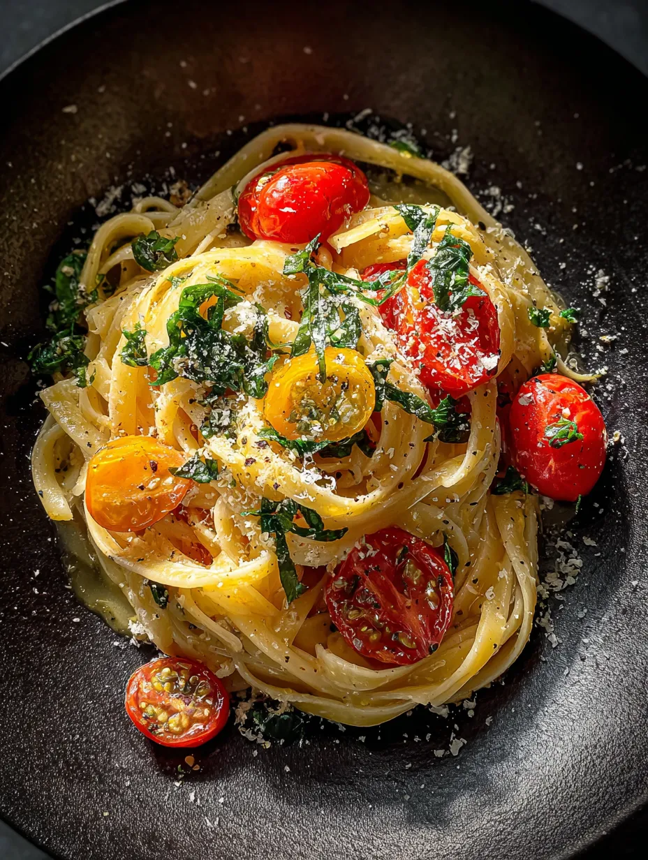 Un bowl de pasta con tomates y albahaca.