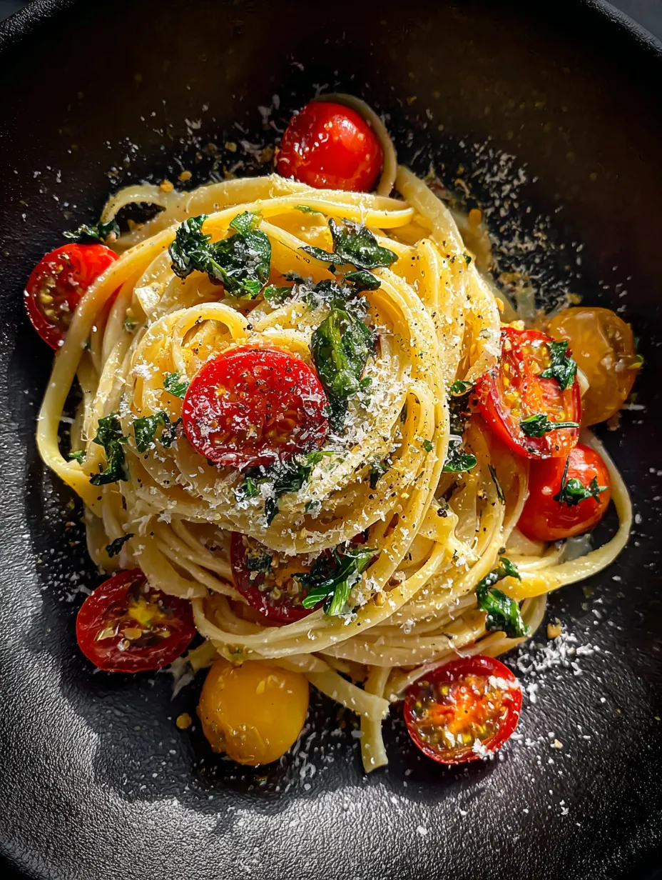 Un bowl de pasta con tomates y albahaca.