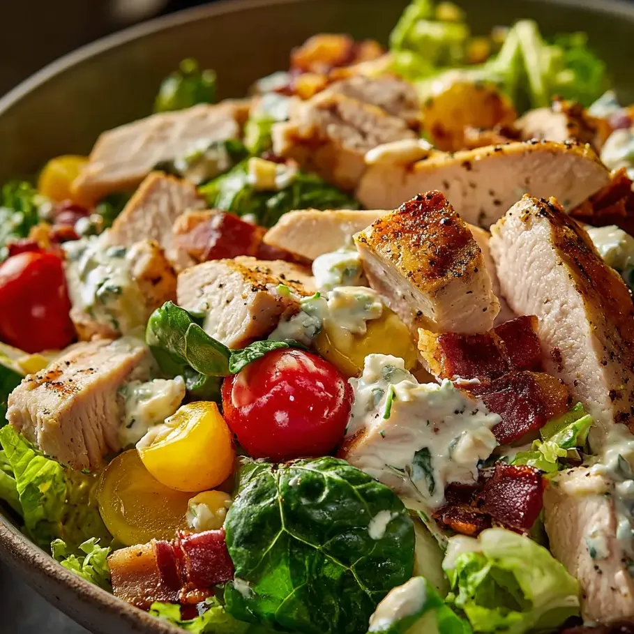 Ensaladera con pollo, tomates, lechuga y queso azul.