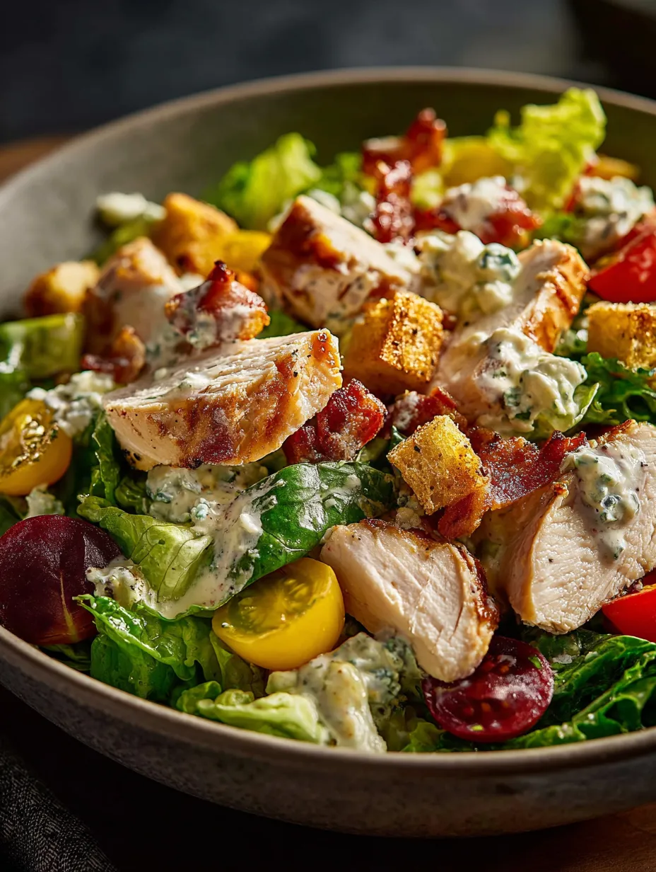 Un bol con ensalada de pollo, tomates, lechuga y queso azul.