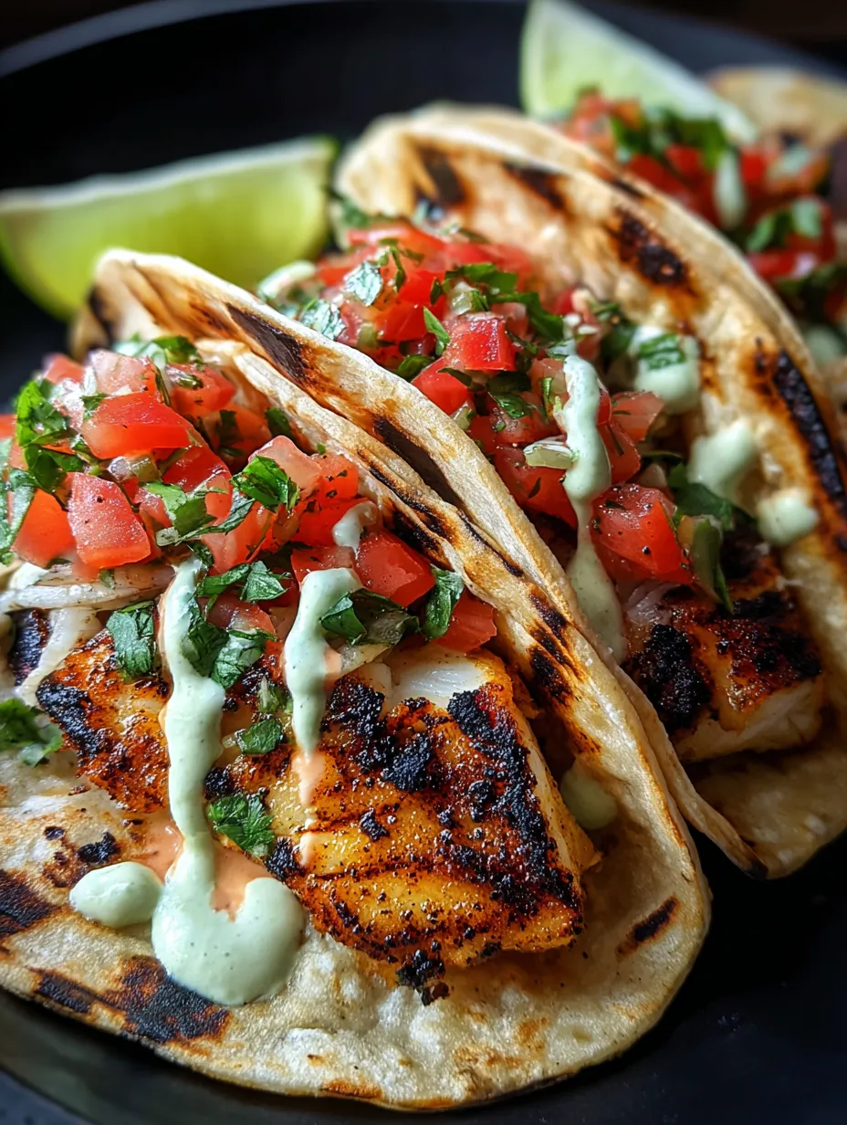Dos tacos de pescado con tomate y limón.