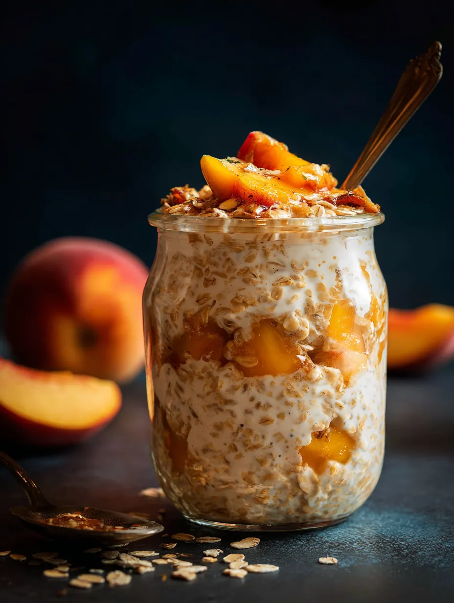 Un frasco de vidrio lleno con granola y duraznos.