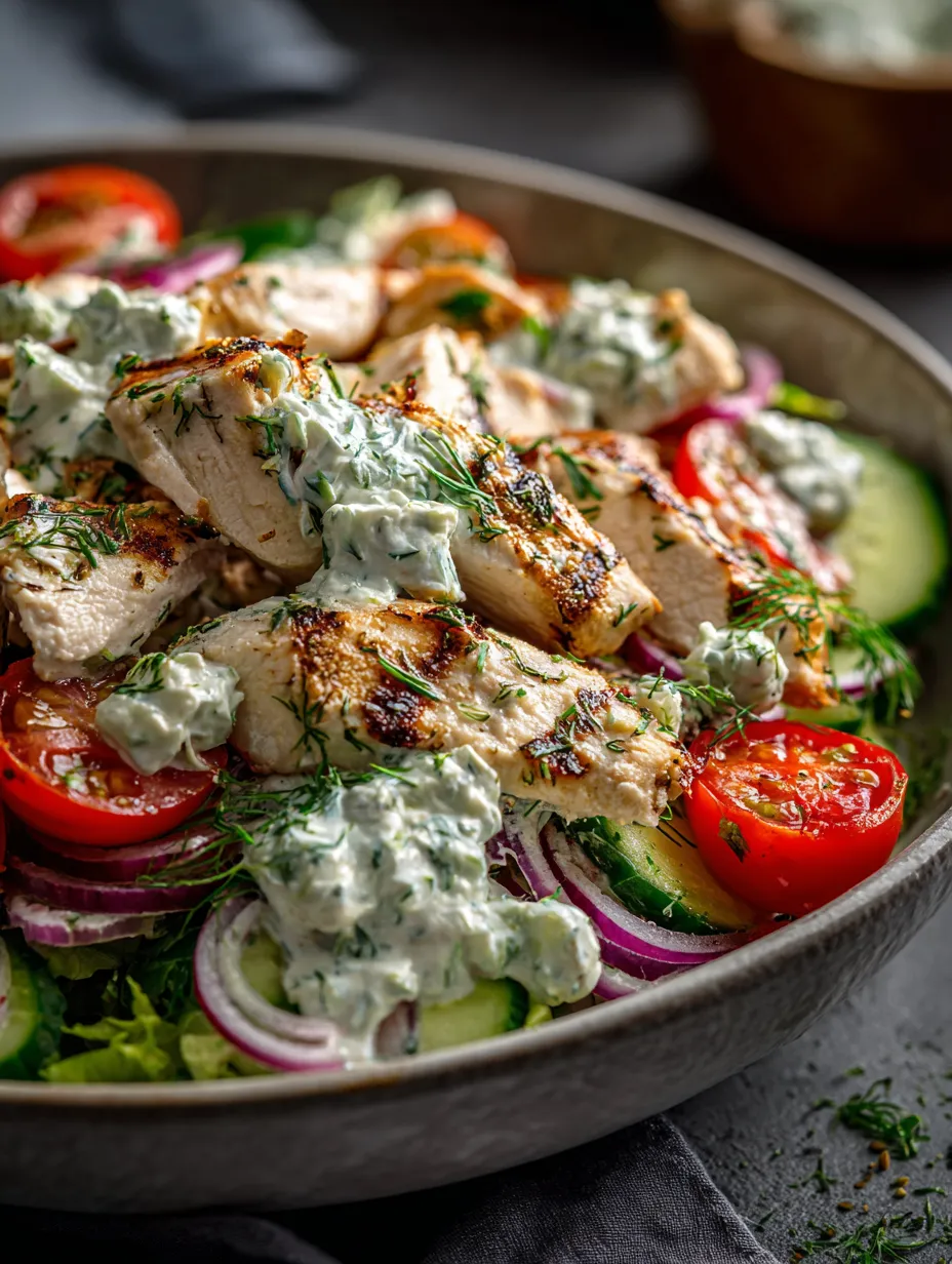 Un bol con pollo, tomates, pepinos y lechuga.