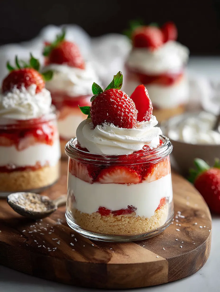 Un frasco de vidrio relleno con shortcake de fresa.