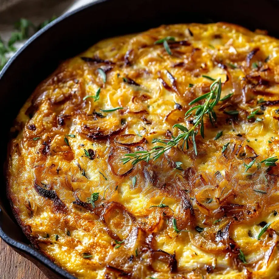 Sartén con cebolla y hierbas frescas.