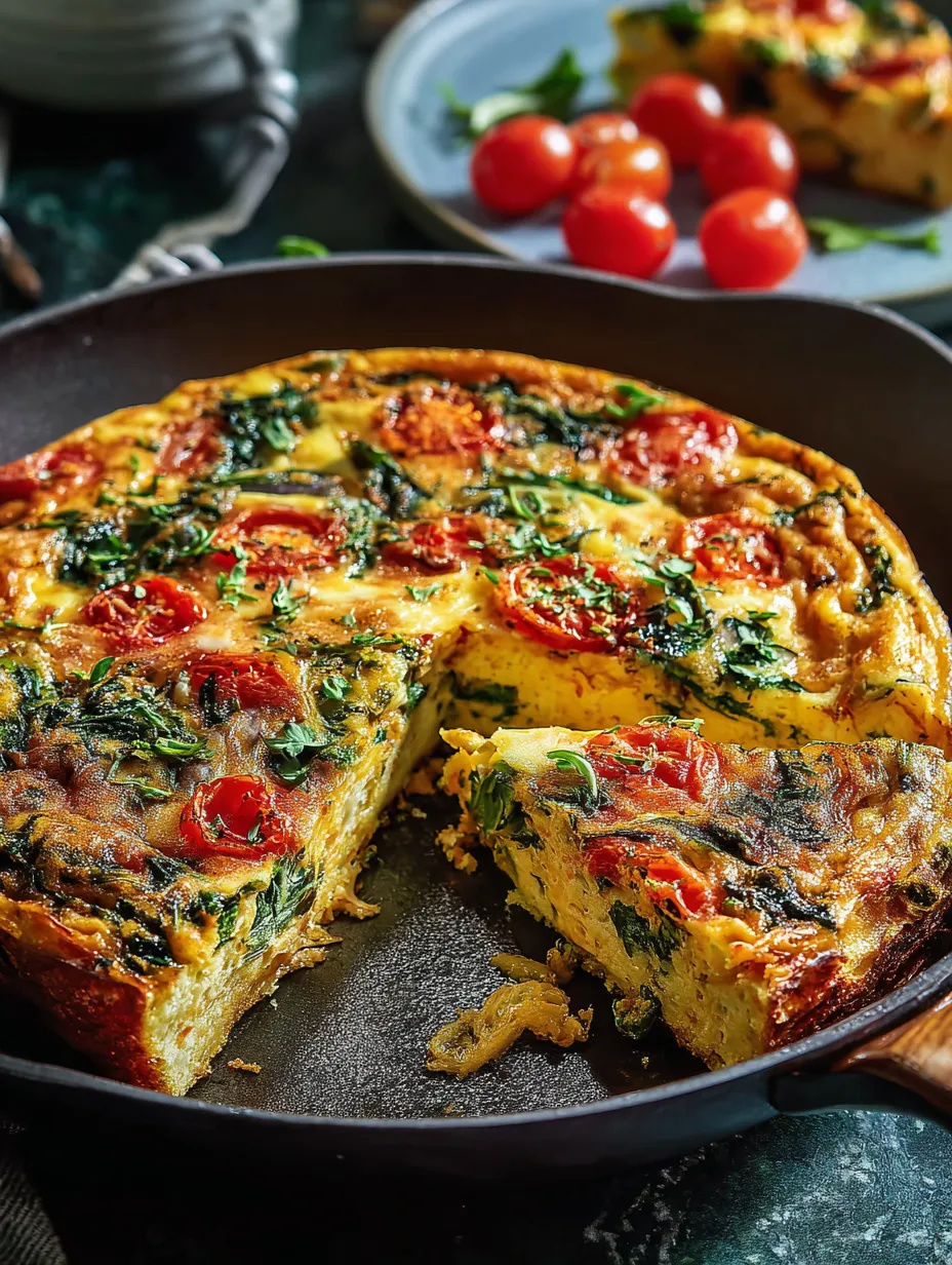 Porción de quiche con tomates y espinaca.