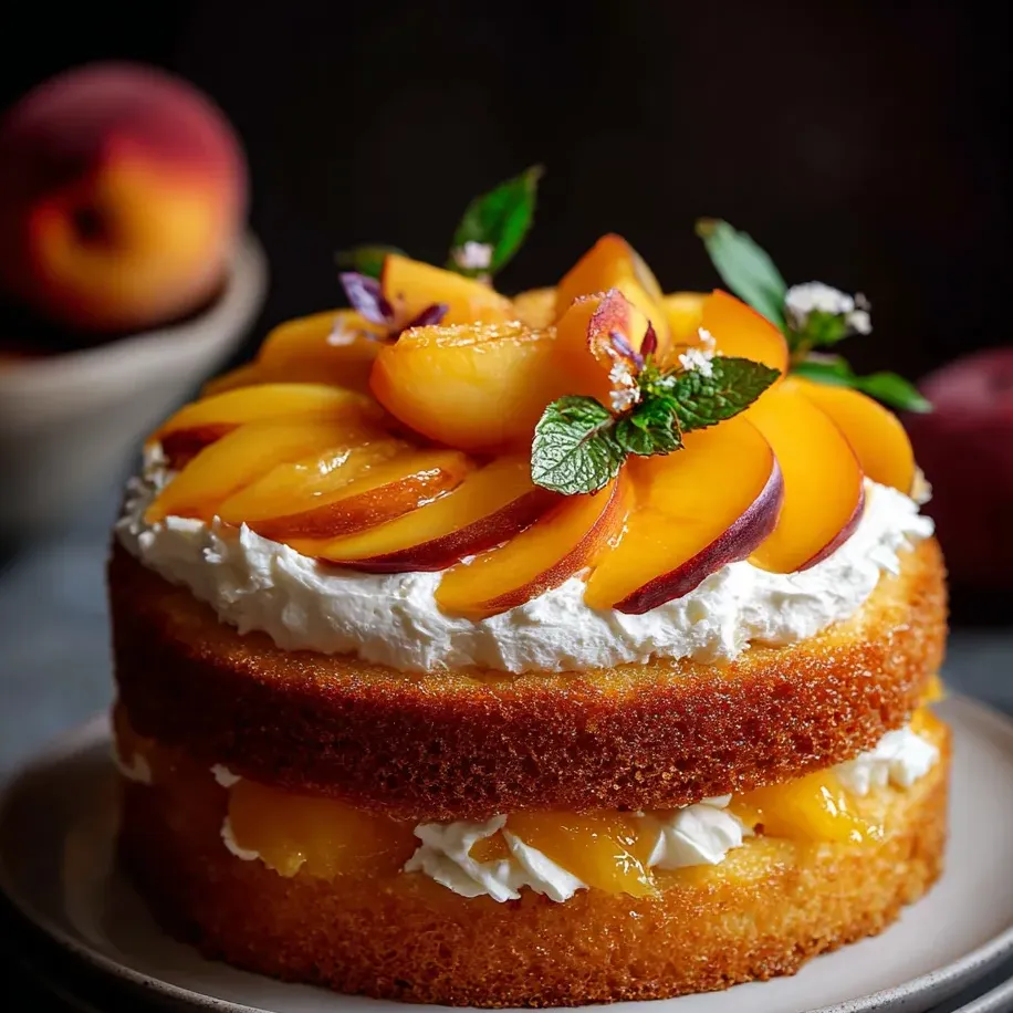 Un pastel con melocotón y nata montada encima.
