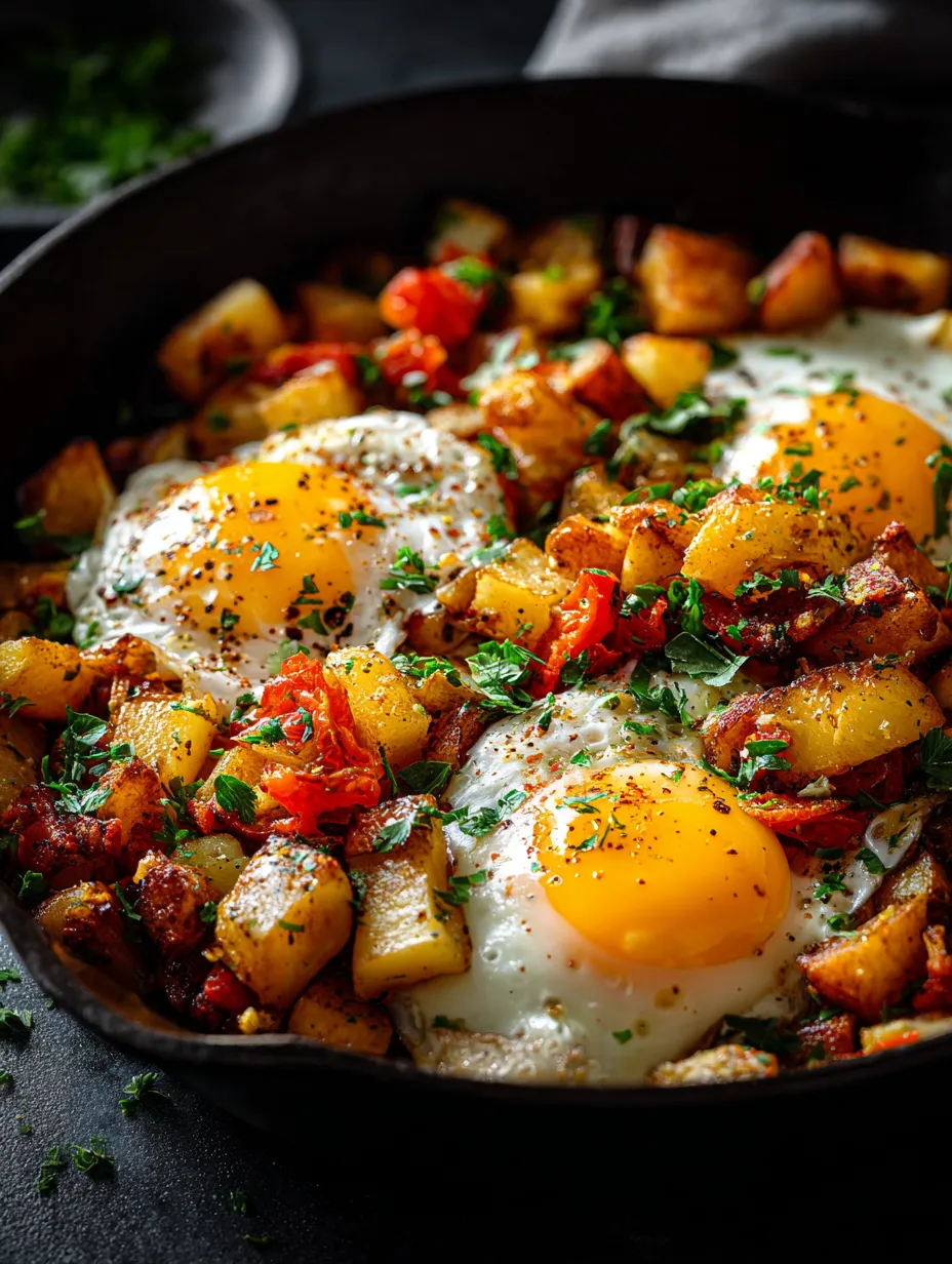 Un huevo frito en sartén con papas y tomates.