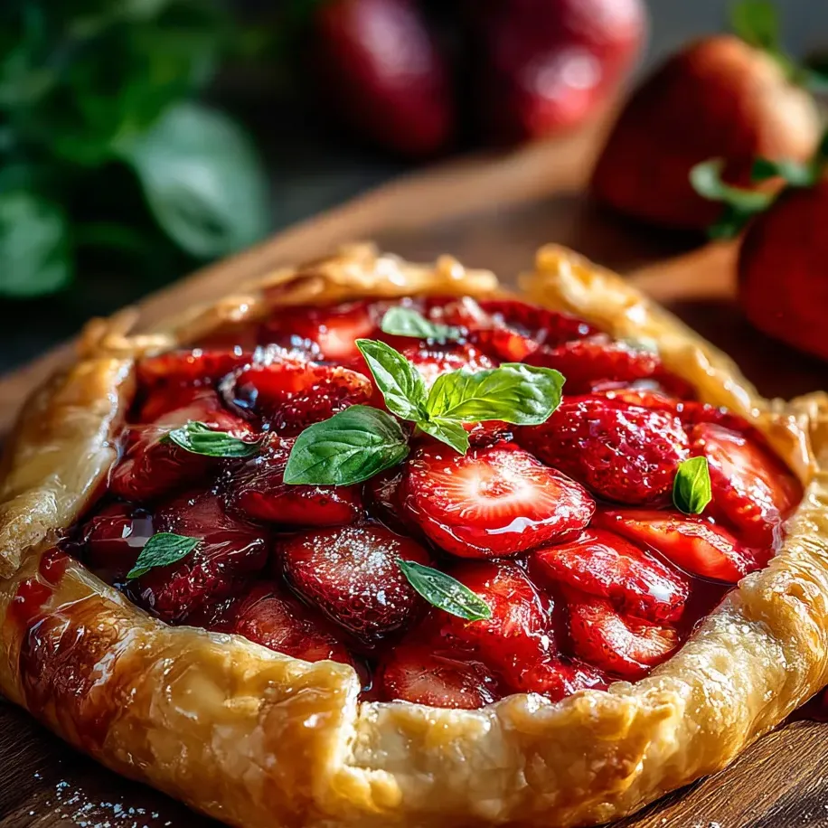 Una tarta con fresas y hojas verdes.